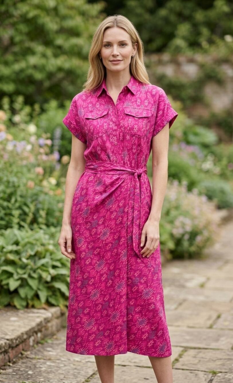 LRL Ralph Lauren Geo Print Shantung Tie Waist Dress 10 Fuchsia Ikat Satin FLAW
